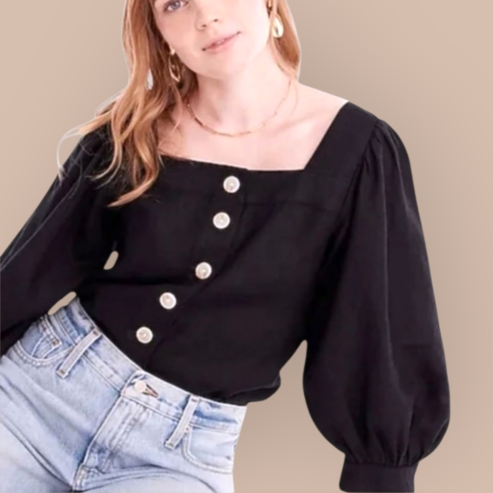 NWT J.CREW Black Linen Squareneck Square Neck Puff Sleeve Button Front Top Small